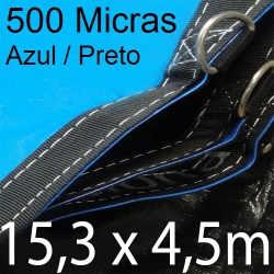 POLYLONA SUPER M: 15,3x4,5m PP/PE AZUL/PRETO 500 MICRAS com argolas "D" INOX a cada 50cm